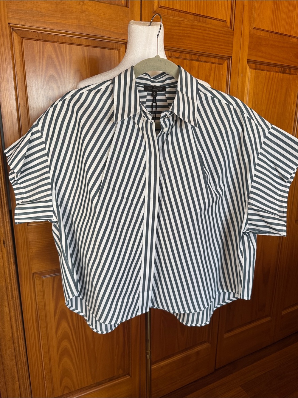 rag & bone Dark Teal and White Striped Short Sleeve Shirt